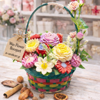 Χειροποίητο Καλάθι με Wax Flowers – Ανθισμένο Μπουκέτο Κεριών Ιδανικό Δώρο