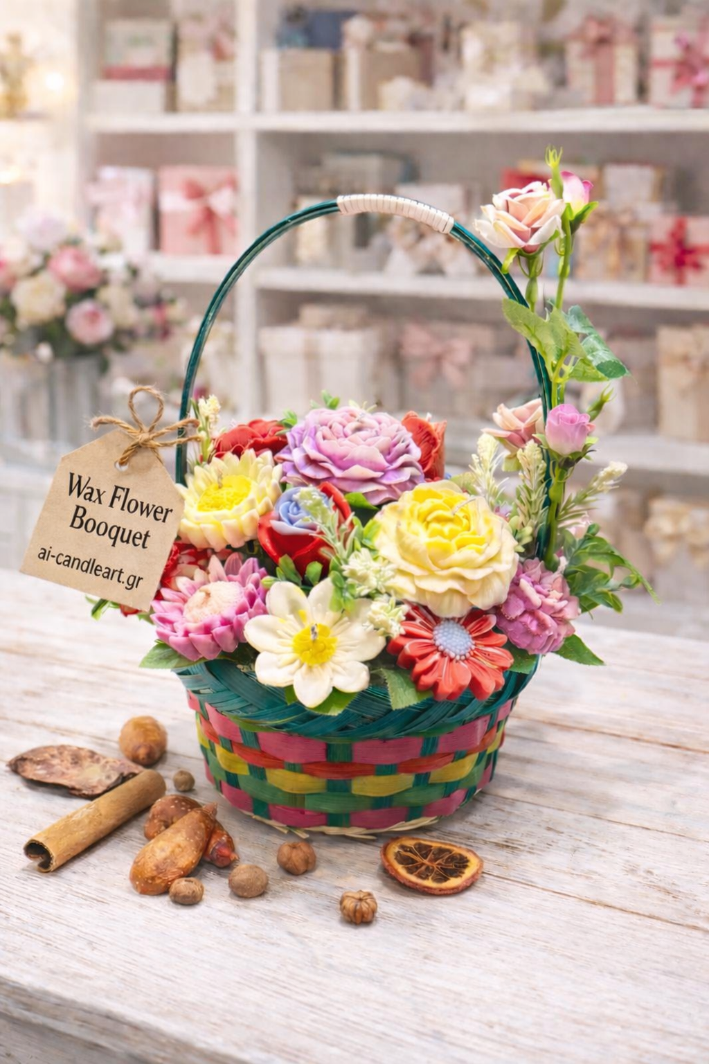 Χειροποίητο Καλάθι με Wax Flowers – Ανθισμένο Μπουκέτο Κεριών Ιδανικό Δώρο