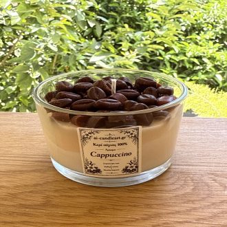 κερί σόγιας cappuccino με κόκκους καφέ σε γυάλινο ποτήρι